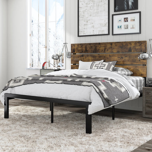 HOOMIC Bed Frame with Rustic Wooden Headboard/Heavy Duty Platform Bed Frame/Mattress Foundation/Strong Metal Slats Support