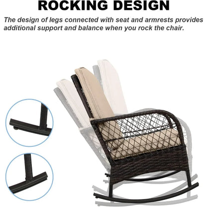 3 pcs Rocking Bistro Set Conversation Chairs PE Wicker Outdoor Rocking Chairs & Glass Table,for Porch Lawn Garden Backyard Deck