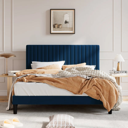 HOOMIC Upholstered Platform Bed Frame with Vertical Channel Tufted Velvet Fabric Adjustable Headboard Allewie