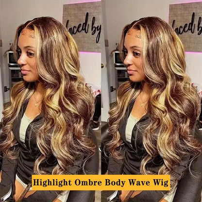 30 Inch Honey Blonde Ombre 13X4 HD Lace Front Wig Human Hair Highlight Body Wave Lace Frontal Wigs Pre Plucked 4/27 Colored
