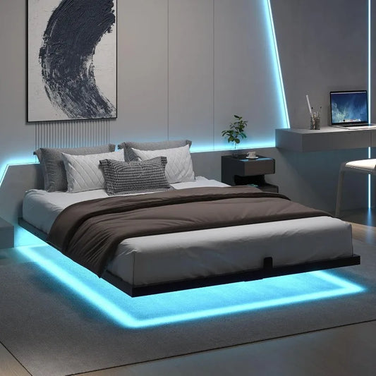 Floating Bed Frame Queen with LED Lights, Modern Metal Platform Bed Frame Queen Size, Heavy Duty Steel Slats Support