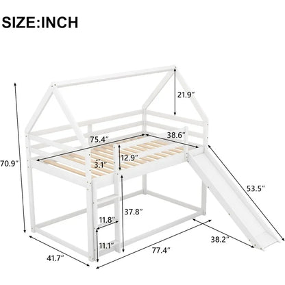 House Bunk Bed with Convertible Slide and Ladder, Floor Bunk Bed Twin Over Twin Bunk Bed with Roof and Security Guardrails