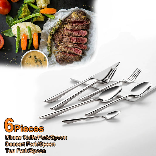 6Pcs Elegant Gold Flatware Set Stainless steel 304 Cutlery Mirror Silverware Rose Knife Fork High Polish Western Dinner Set