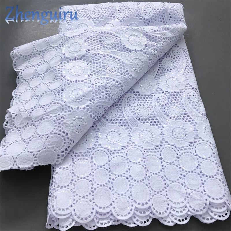 Pure White Nigerian Guipure Lace Fabric 2025 High Quality Water Soluble African Sequin Cord Lace Fabric for Party Dress Sew 4025