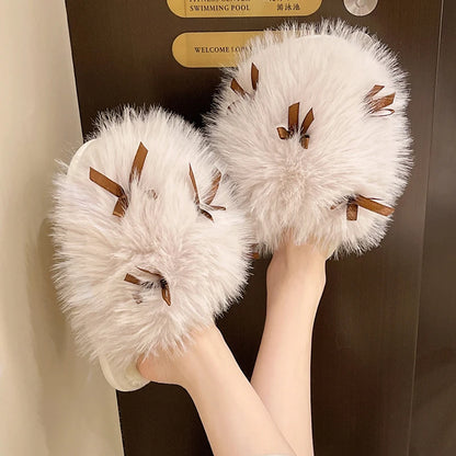 Sweet Bow Decor Fluffy Furry Slippers for Women Comfort Soft Home Plush Slides Shoes Woman Anti Slip Indoor Home Cotton Slipper