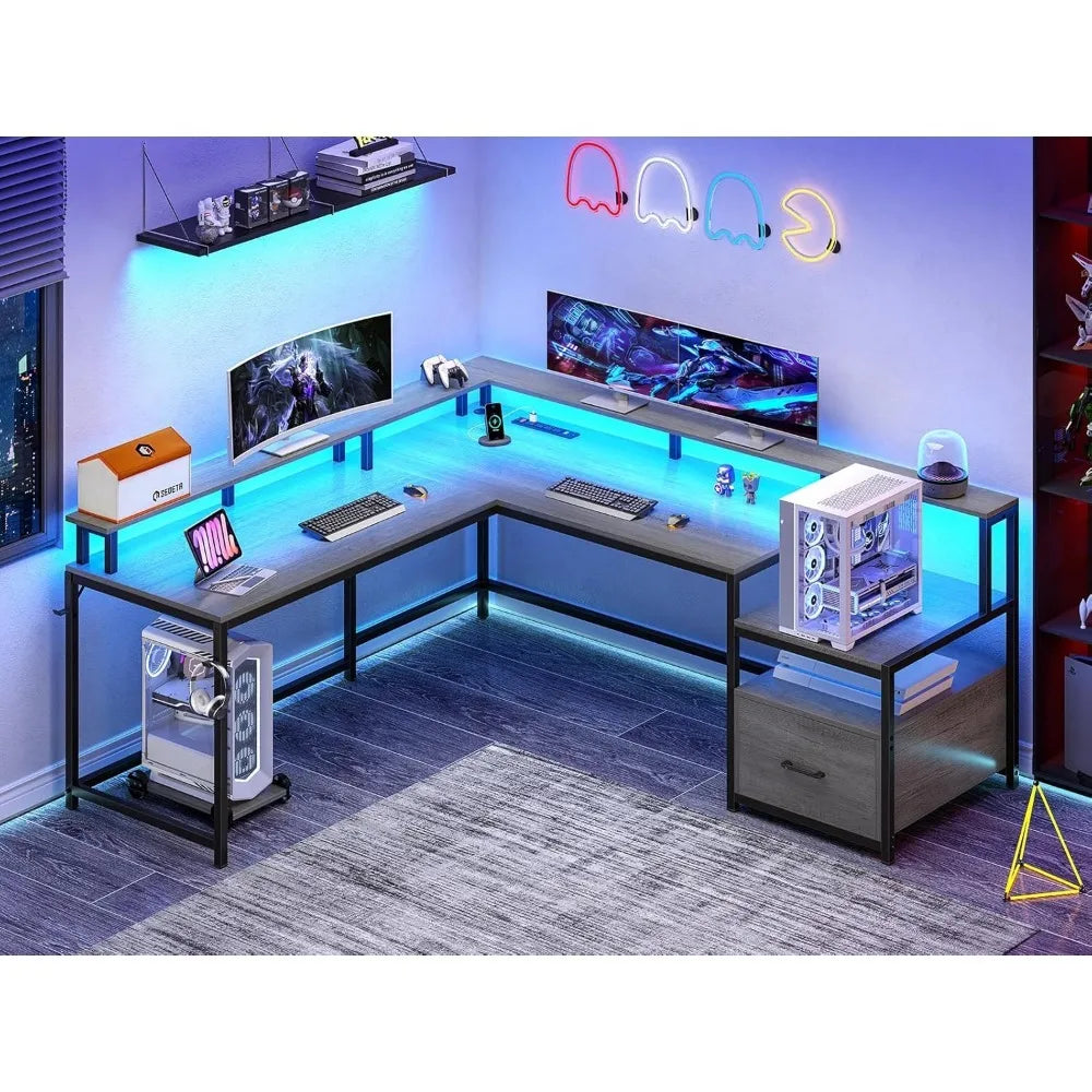 Office Desk with Wood File Drawer & Power Outlet,Gaming Desk with Led Lights,Corner Computer Desk with Monitor Shelf,Customized