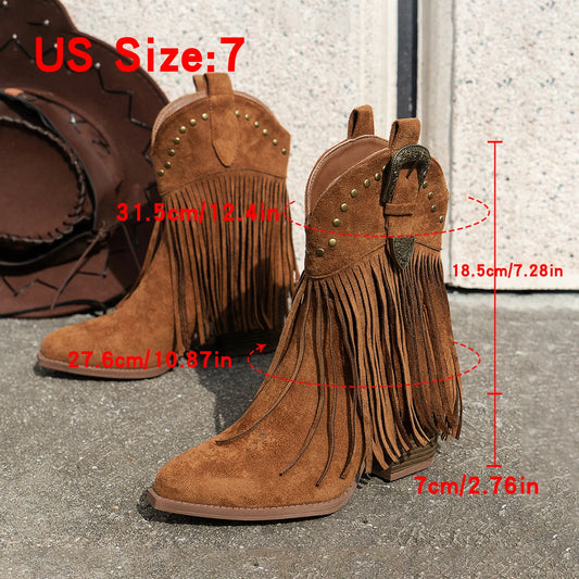 Women's fashion tassel rivet mid western cowboy boots music festival vacation