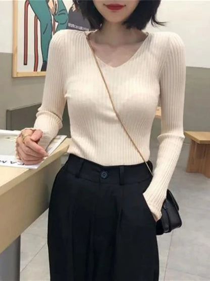 2025 Autumn Winter Women Solid Rib Knit V Neck Stripe Pull Sweater Femme Long Sleeve Pullover Jersey Tops Fashion Clothes Y2k