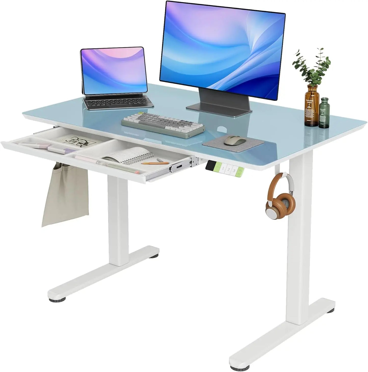 Glass Standing Desk with Drawers, 55×24 Inch Adjustable Stand Up Desk Quick Install Home Office Computer Desk, White