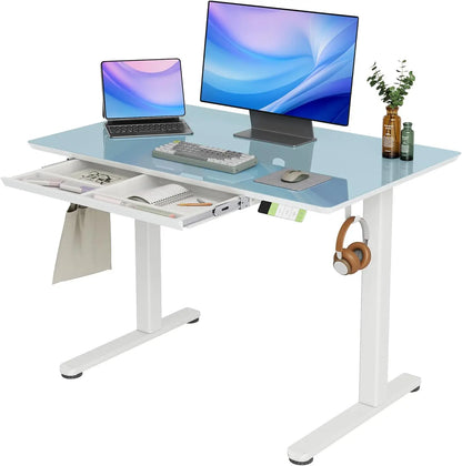Glass Standing Desk with Drawers, 55×24 Inch Adjustable Stand Up Desk Quick Install Home Office Computer Desk, White