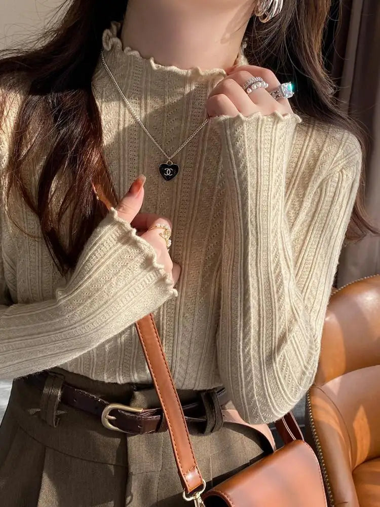 AOSSVIAO 2025 Ruched Turtleneck Women Sweaters Autumn Winter Warm Pullover Slim Tops Knitted Sweater Jumper Soft Pull Female