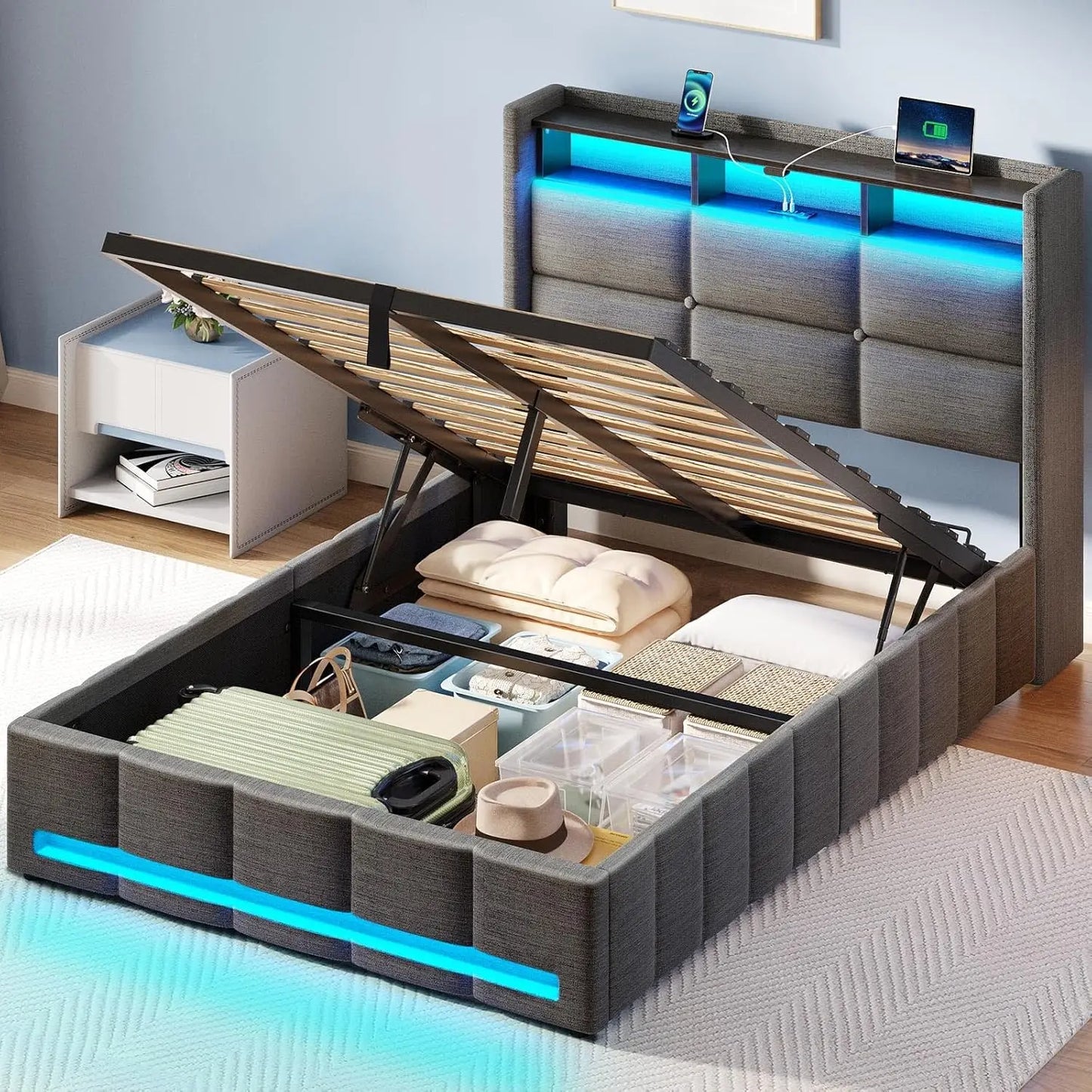 Bed Frame Twin Size with Lift Up Storage, Charging Station & LED Lights, Upholstered Storage Headboard, Wooden Slats, Beds Frame