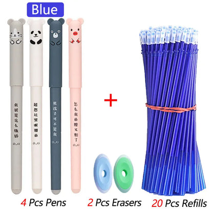 4+2+20 Pcs/Set Kawaii Erasable Gel Pens 0.35mm Waterproof  Blue/Black/Red Gel Ink Stationery School supplies for Office Student