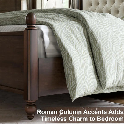 King Size Solid Wood Platform Bed with Upholstered Headboard, Roman Column Accents, No Box Spring Needed