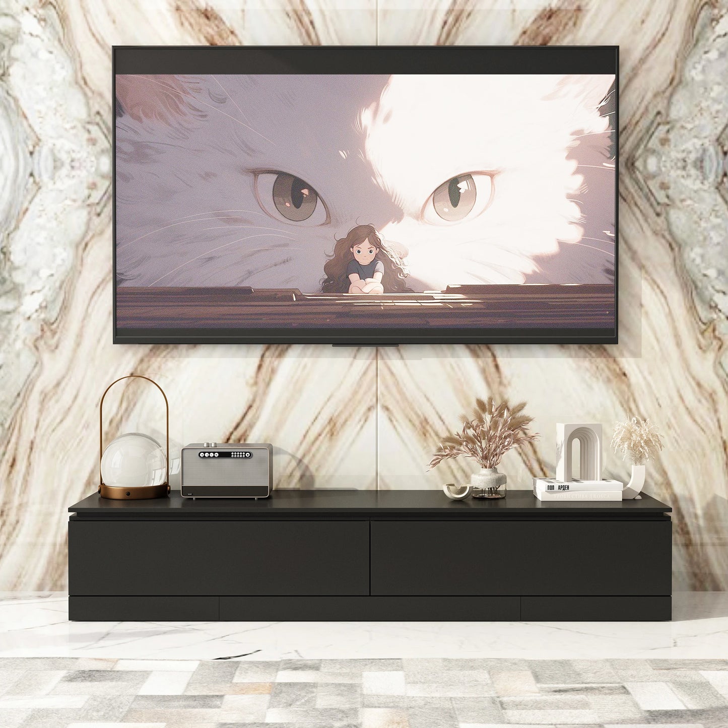 FUFU&GAGA Expandable 94 Inch TV Stand with Storage Credenza, Media Console Cabinet with Wide Desktop for Living Room, Black ﻿