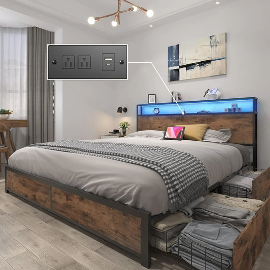 Queen Bed Frame with 2-Tier Storage Headboard, Metal Platform Bed Frame with 4 Storage Drawers, Built in Charging, Customized