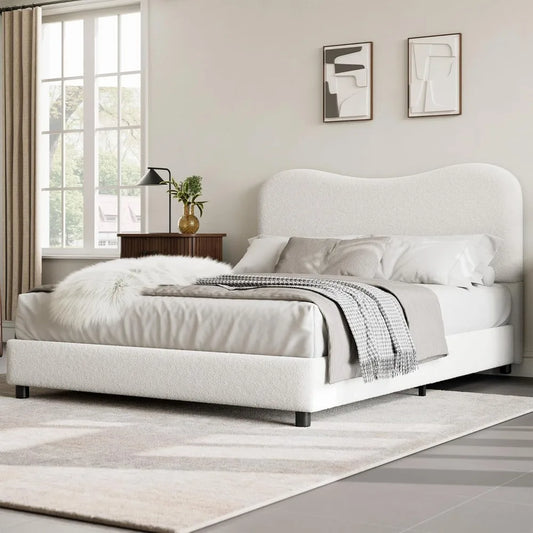 senfot white boucle bed frame with upholstered headboard, soft low profile sturdy platform bed with rounded corners design