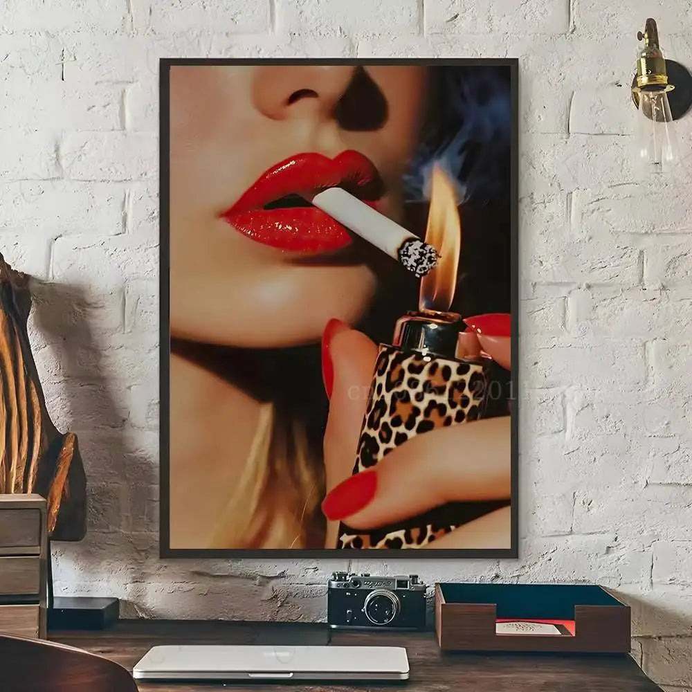 Leopard And Pink Fashion Women And Leopard Wall Art Poster Self-adhesive Art Waterproof Paper Sticker Coffee House Bar Room Wall