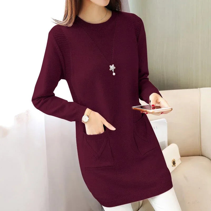 2024 New Style Korean Version Loose-Fit Medium-Length Knit Base Layer Top Women's Pullover Sweater Skirt Fleece-Lined Thickened