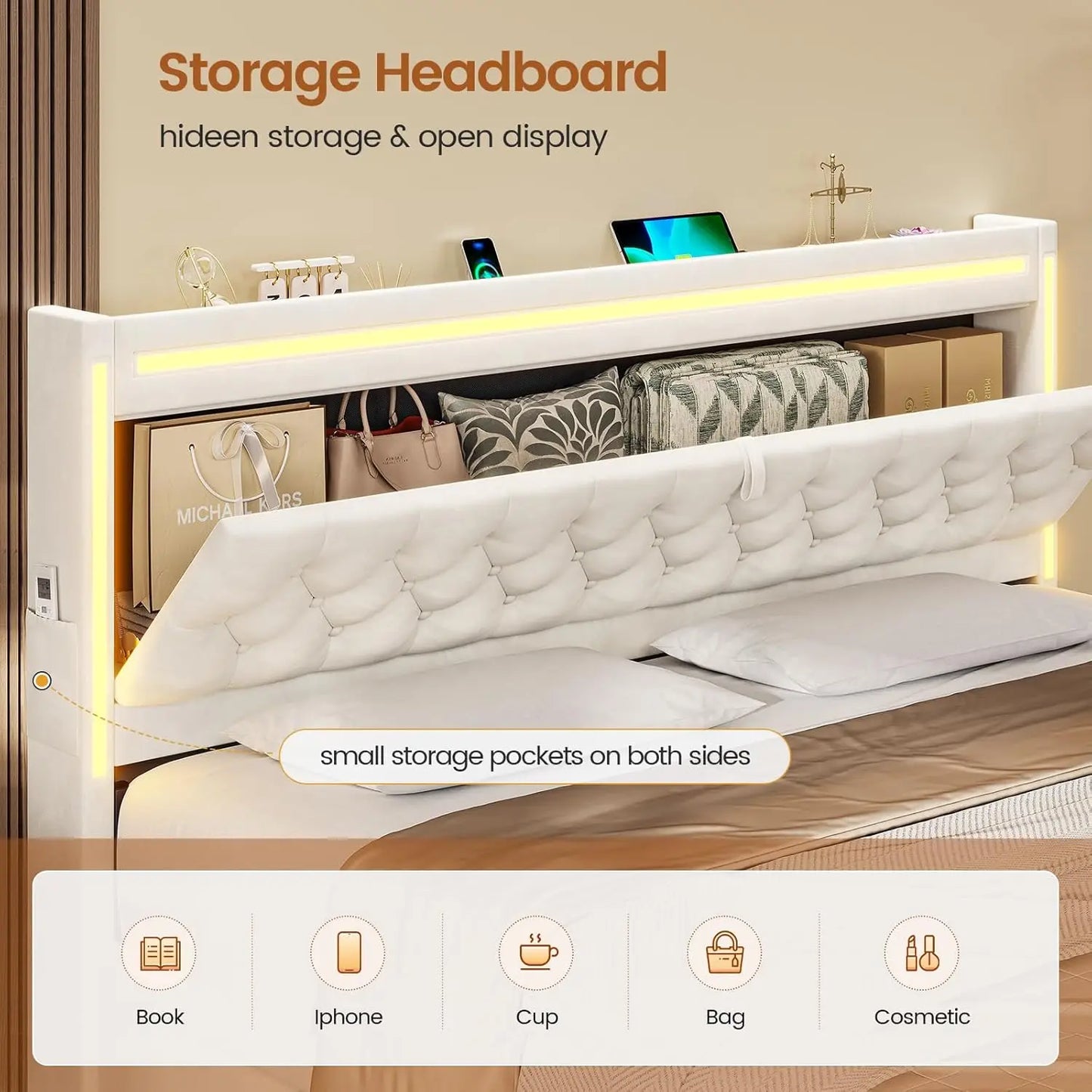 Velvet LED Bed Frame with 5 Drawers, Hidden Storage Headboard, Charging Station & Metal Slats Support - Beige