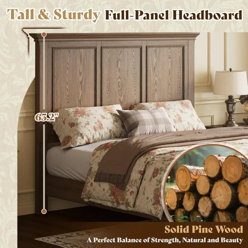 Solid Wood King Bed Frame with 65.2 High Headboard, Traditional Platform Bed with Heavy Duty Slats, No Box Spring Neede