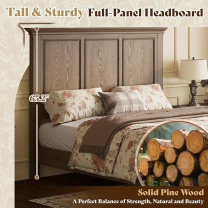 Solid Wood King Bed Frame with 65.2 High Headboard, Traditional Platform Bed with Heavy Duty Slats, No Box Spring Neede