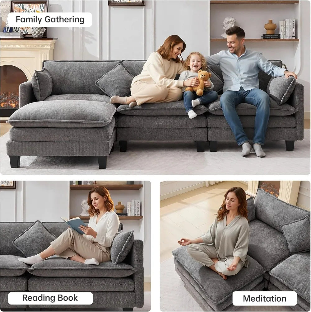 108" Modular Sectional Sofa with Ottoman, L-Shaped Cloud Couch, USB Charging Ports, Deep Seat Chenille Fabric, Dark Grey