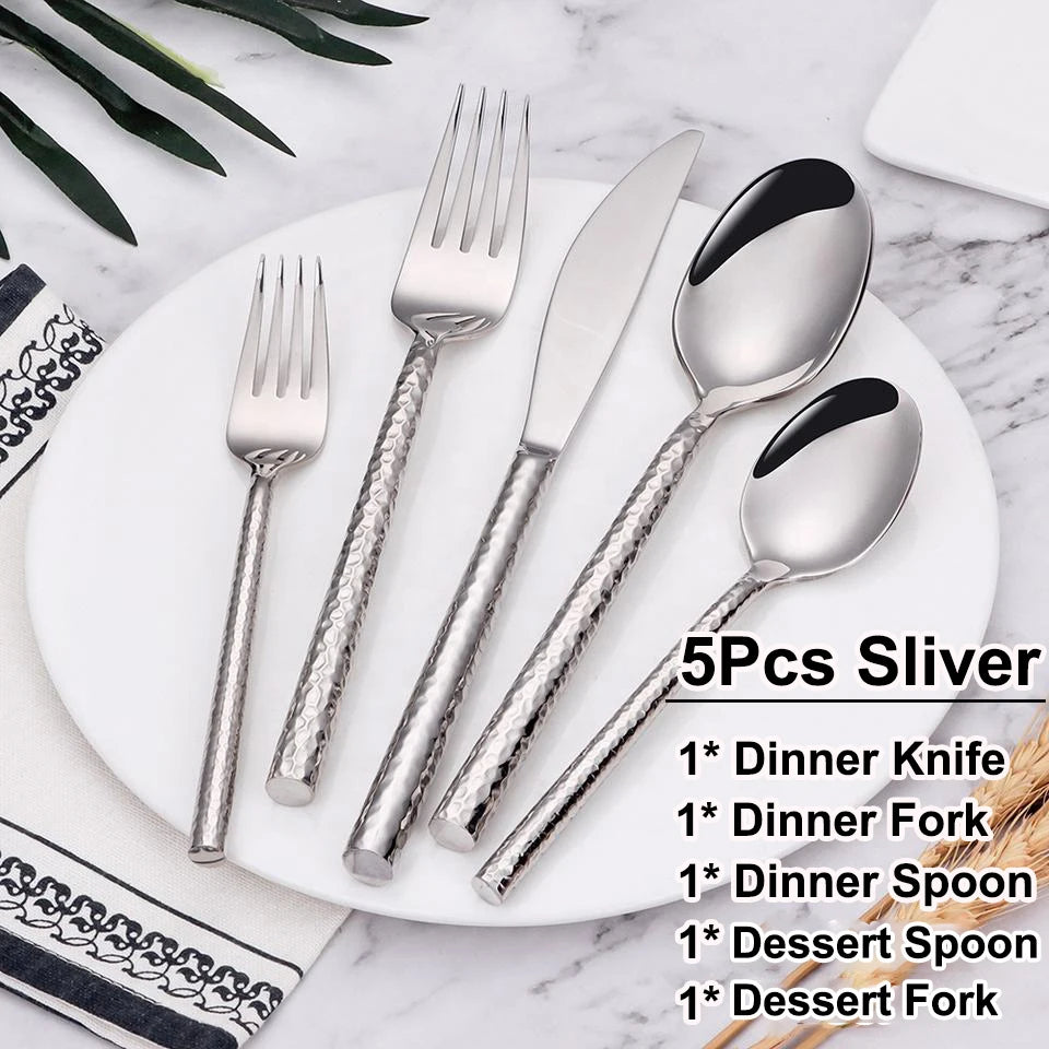 5/10/15/20Pcs Gold Heavy Cutlery Sliver Dinner Set Stainless Steel Tableware Mirror Western Hammer Pattern Handle Knife Fork