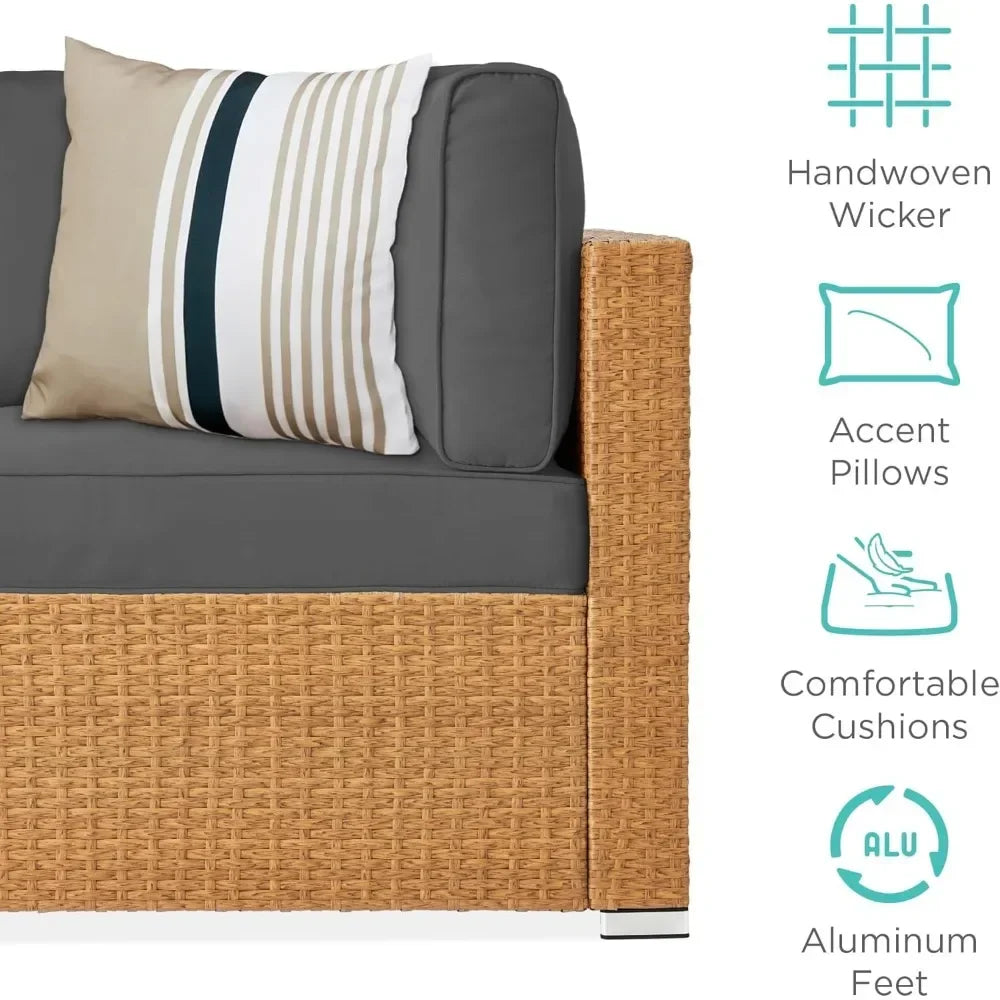 7-piece modular outdoor sectional wicker patio conversation set w/ 2 pillows, coffee table, cover included - natural/gray