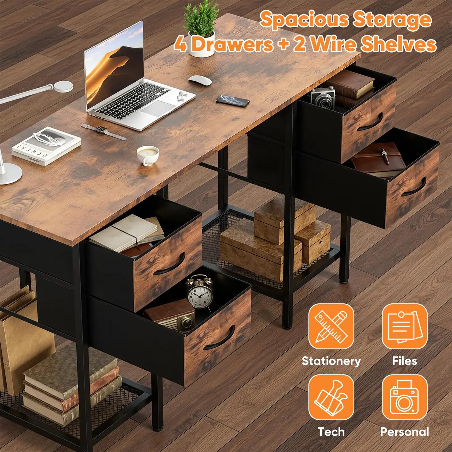 JHK Computer Desk 55 Inch with 4 Drawers Home Office Table with Mesh Shelf for Work Writing Gaming Storage Furniture for Bedroom