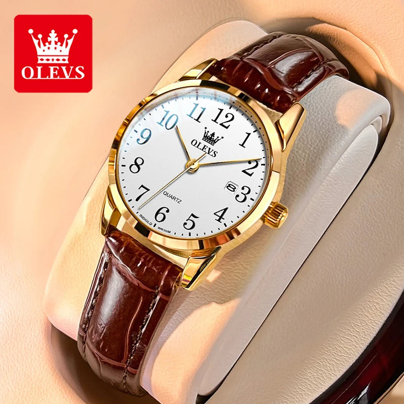 OLEVS Brand Fashion Quartz Watch for Men and Women Leather Strap Waterproof Original Watch Arabic Numeral Scale Giving to Elders