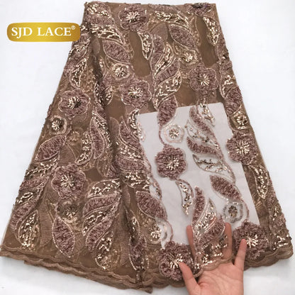 SJD LACE French Mesh Lace Fabric with Beads 2025 High Quality Nigerian African Net Tulle Lace for Sewing Women Wedding Dress4319