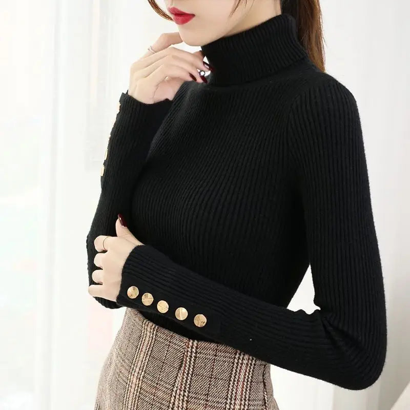 2025 Knitted Turtleneck Women Sweater Button Long Sleeve Pullovers Autumn Winter Basic Femme Sweaters Slim Solid Pull Tops