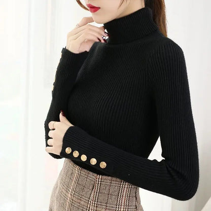 2025 Knitted Turtleneck Women Sweater Button Long Sleeve Pullovers Autumn Winter Basic Femme Sweaters Slim Solid Pull Tops