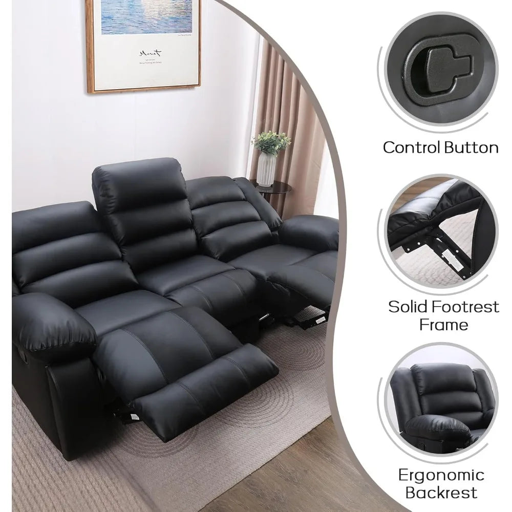Manual Reclining Sofa 3 Seats with Cup Holders, Overstuffed Armrest Faux Leather Couch for Living Room Bedroom
