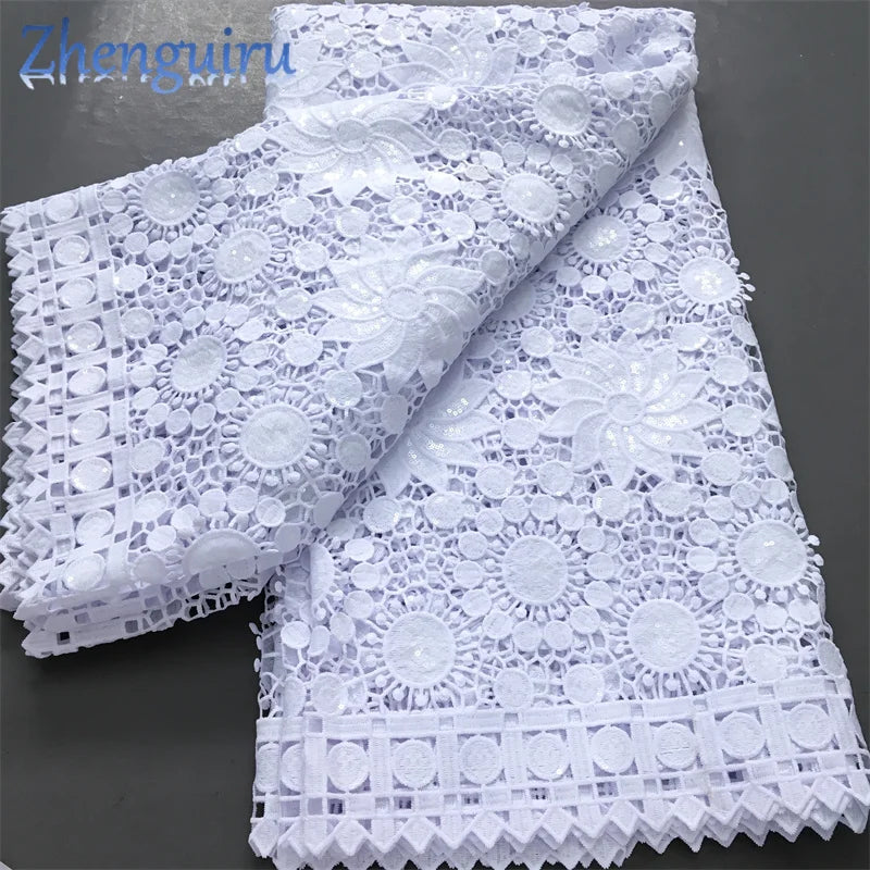 Pure White Nigerian Guipure Lace Fabric 2025 High Quality Water Soluble African Sequin Cord Lace Fabric for Party Dress Sew 4025