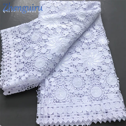 Pure White Nigerian Guipure Lace Fabric 2025 High Quality Water Soluble African Sequin Cord Lace Fabric for Party Dress Sew 4025