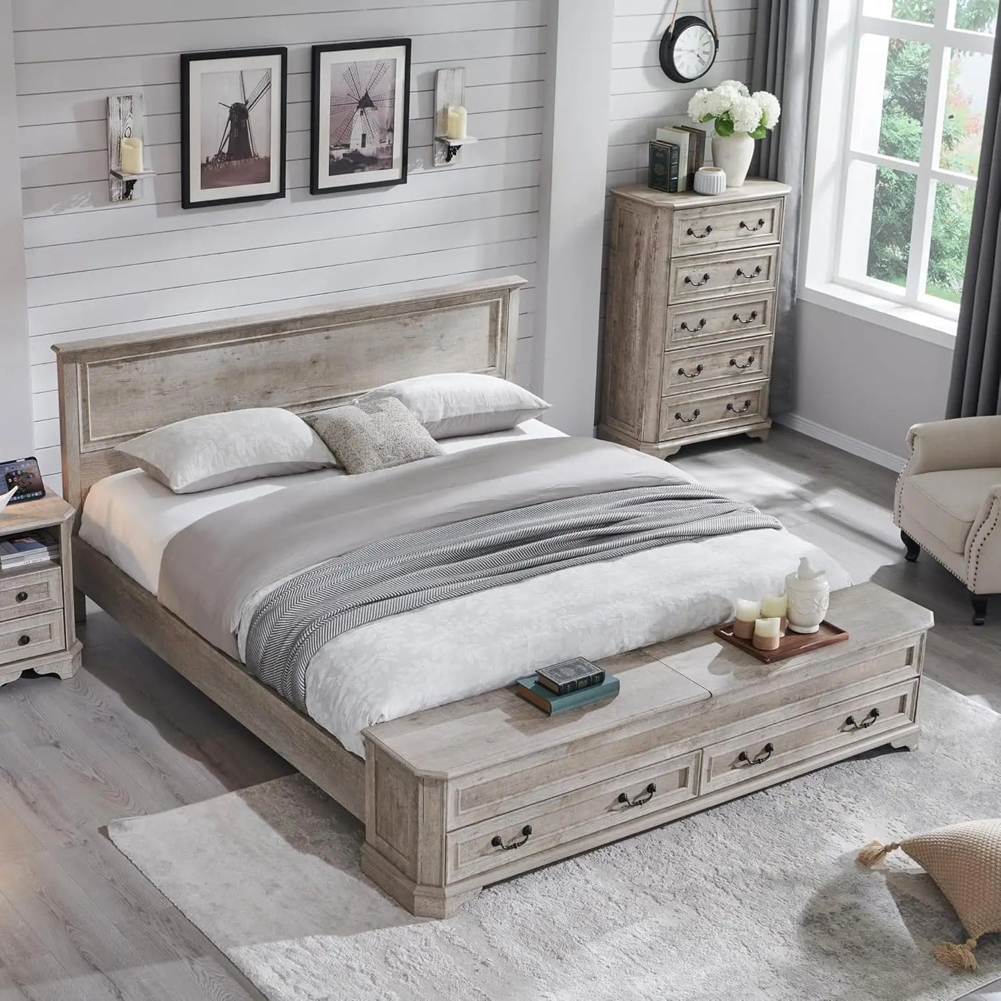 Farmhouse King Bed with Headboard and Storage Bench, Rustic Wood Platform Bed with 80" Storage Chest, Customized