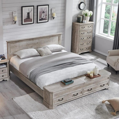Farmhouse King Bed with Headboard and Storage Bench, Rustic Wood Platform Bed with 80" Storage Chest, Customized