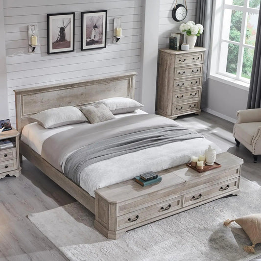 Farmhouse King Bed with Headboard and Storage Bench, Rustic Wood Platform Bed with 80" Storage Chest, Customized
