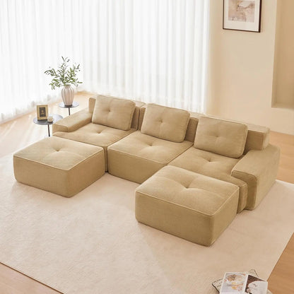 116" Modern Corduroy Cloud Sofa with Ottoman, U Shaped Boneless Modular Large Sectional Couches for Living Room, Green 3 Seater