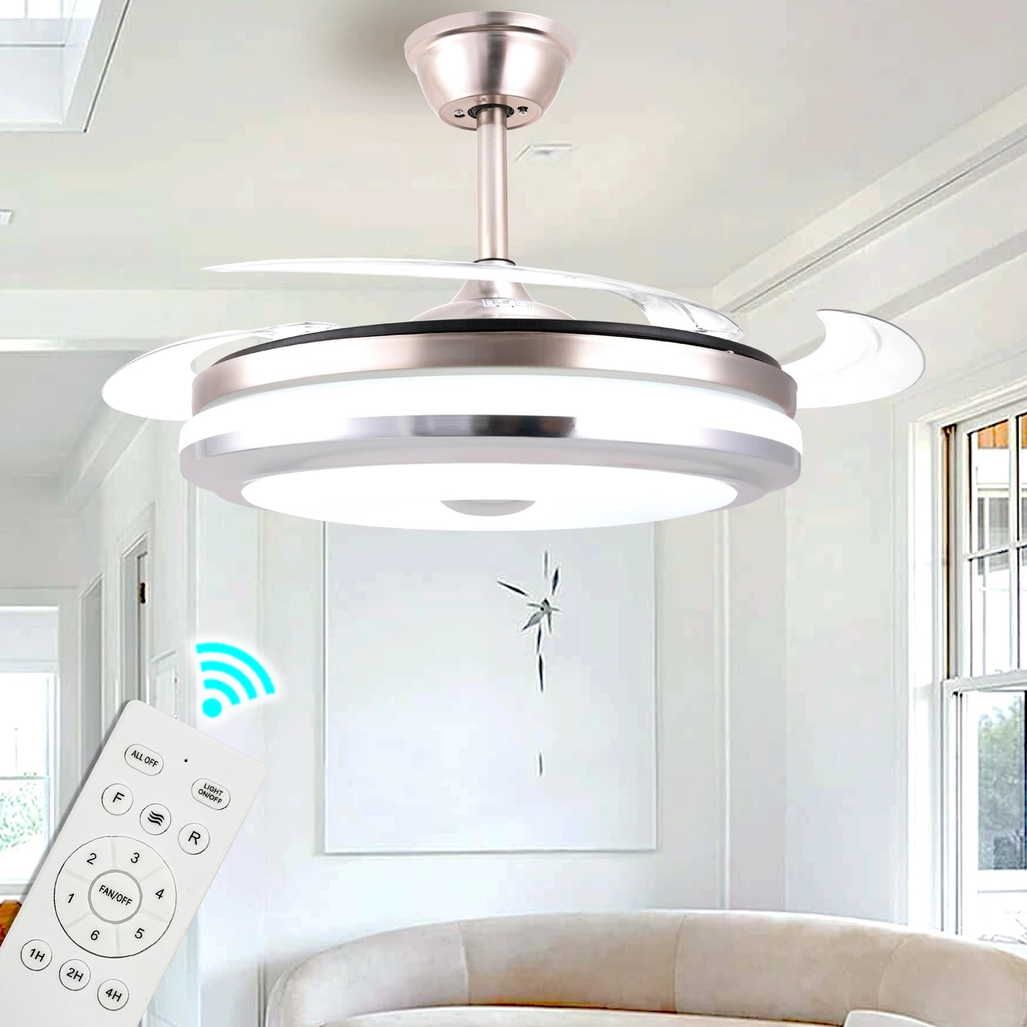 42 Inches Bladeless Ceiling Fans with LED Light, Modern Ceiling Fan, Stepless Color Changing, Dimmable, Timer Setting