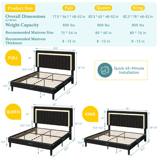 HOOMIC Full/Queen/King Velvet Platform Bed Frame with RGB LED Headboard, Strong Slat Support, Quiet Design, No Box Spring Needed