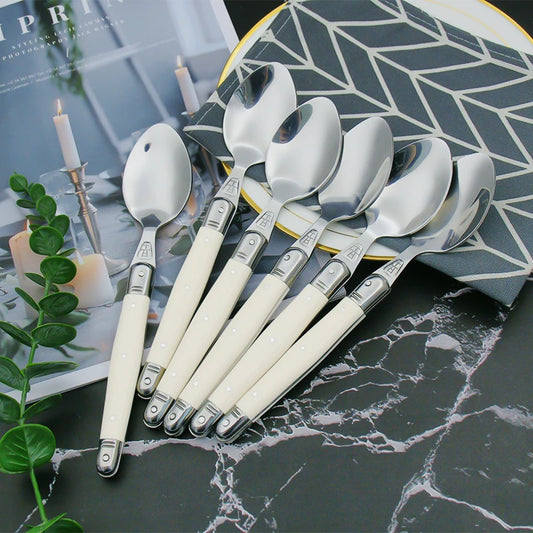 4/6/24pcs Laguiole Ivory White Silverware Stainless Steel Steak Knives Table Forks Dinner Spoons Dessert Teaspoon Xmas Cutlery