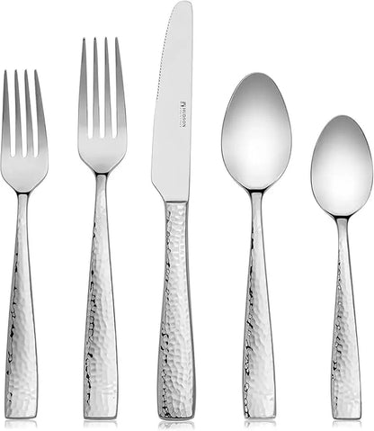 60-Piece Hammered Stainless Steel Silverware Set for 12, Elegant 18/10 Flatware Collection