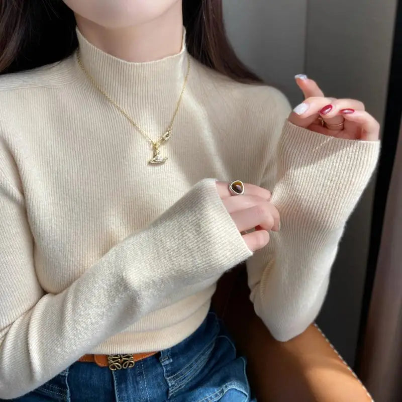 2025 Women's New Slim Long Sleeve Base Pullover Knitted Solid Color Turtleneck Sweater Versatile Autumn Winter Warm Tops