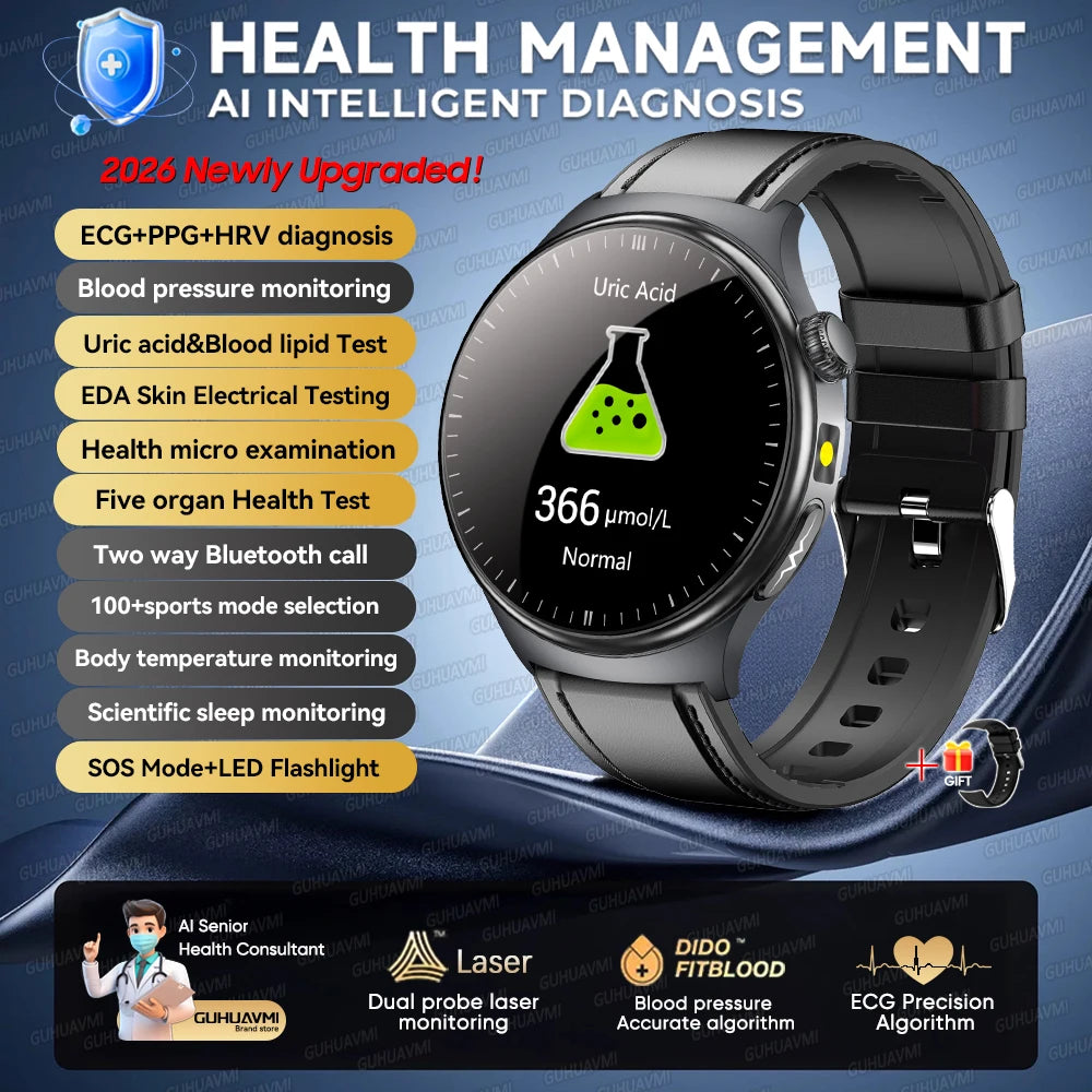 2026 New Micro Physical Examination Health SmartWatch Men ECG Uric Acid Lipids Blood Pressure BT Call Smartwatch For Android IOS