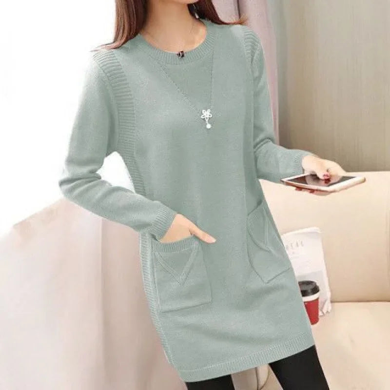 2024 New Style Korean Version Loose-Fit Medium-Length Knit Base Layer Top Women's Pullover Sweater Skirt Fleece-Lined Thickened