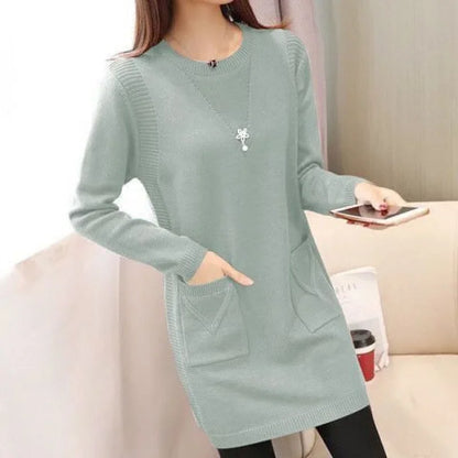 2024 New Style Korean Version Loose-Fit Medium-Length Knit Base Layer Top Women's Pullover Sweater Skirt Fleece-Lined Thickened