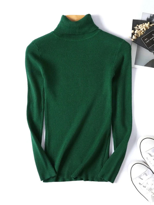 Casual Soft Polo-neck Jumper New Autumn Winter Women Knitted Turtleneck Sweater Fashion Slim Elasticity Solid Ribbed Pullovers